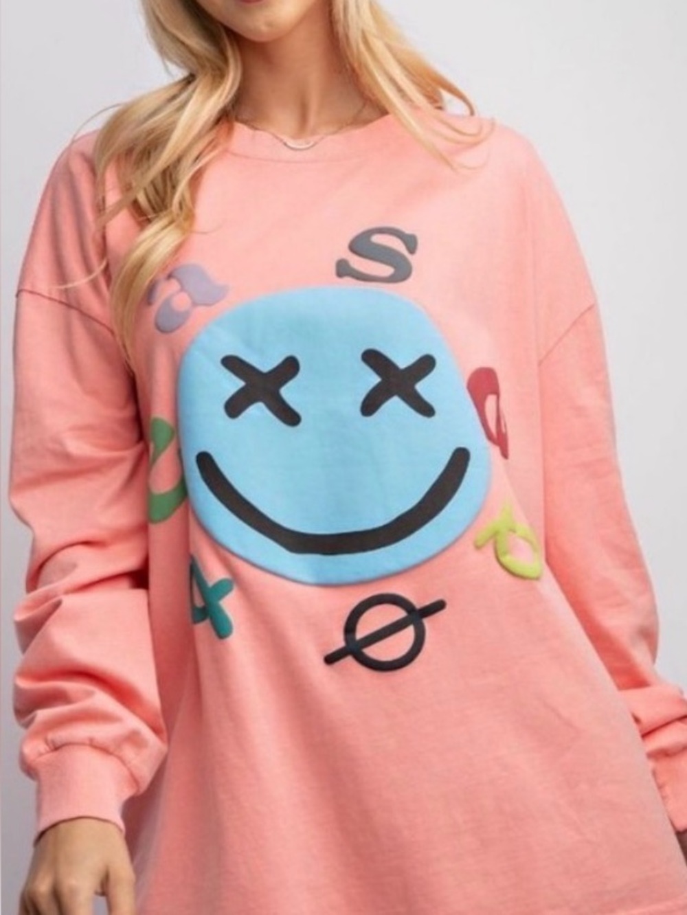 Easel Washed Coral Oversized Smiley Graphic Top — 2x and 3x